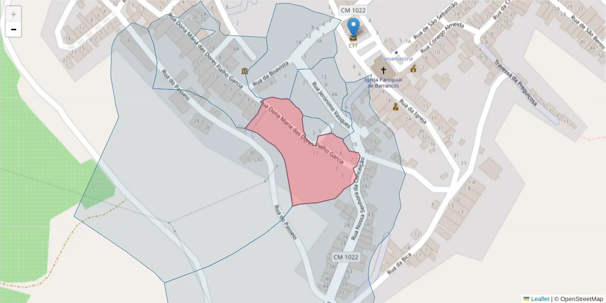Mapa detalhado do código postal 7230-010 com limites, códigos postais vizinhos e agências dos correios