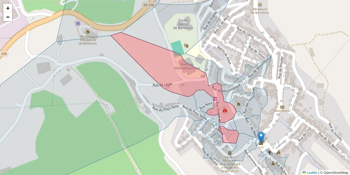 Mapa detalhado do código postal 7230-016 com limites, códigos postais vizinhos e agências dos correios