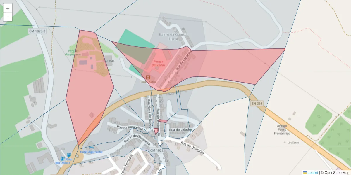 Mapa detalhado do código postal 7230-017 com limites, códigos postais vizinhos e agências dos correios
