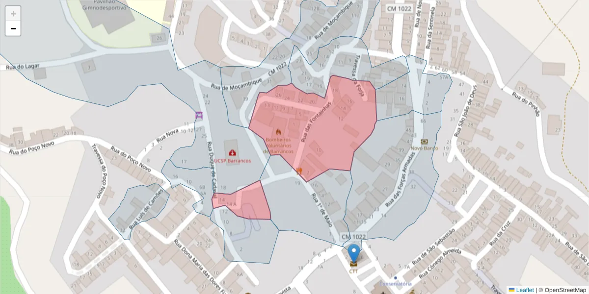Mapa detalhado do código postal 7230-018 com limites, códigos postais vizinhos e agências dos correios