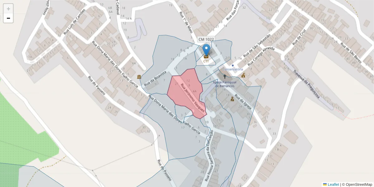 Mapa detalhado do código postal 7230-020 com limites, códigos postais vizinhos e agências dos correios