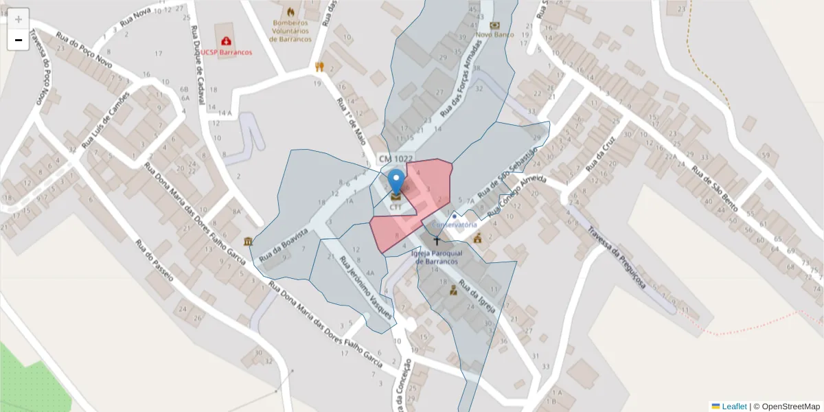 Mapa detalhado do código postal 7230-025 com limites, códigos postais vizinhos e agências dos correios