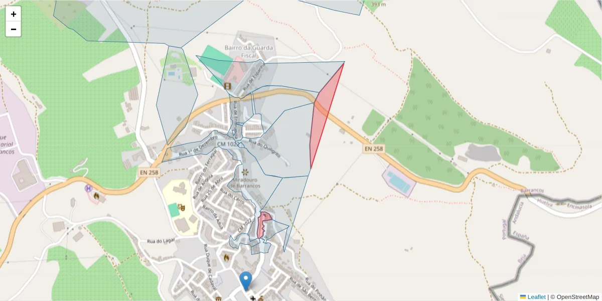 Mapa detalhado do código postal 7230-031 com limites, códigos postais vizinhos e agências dos correios