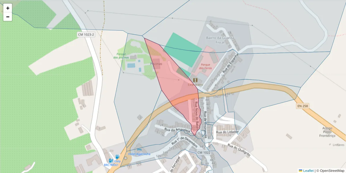 Mapa detalhado do código postal 7230-033 com limites, códigos postais vizinhos e agências dos correios