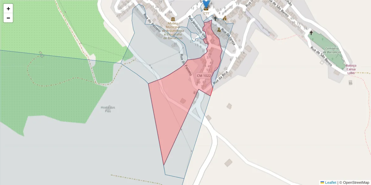 Mapa detalhado do código postal 7230-034 com limites, códigos postais vizinhos e agências dos correios