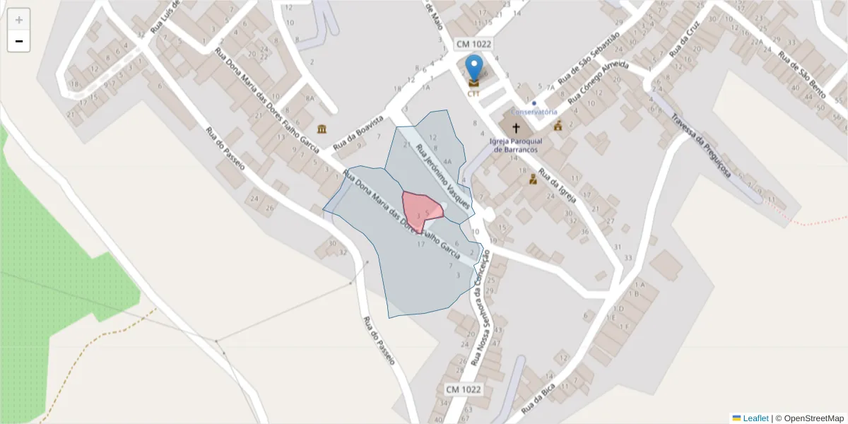 Mapa detalhado do código postal 7230-035 com limites, códigos postais vizinhos e agências dos correios