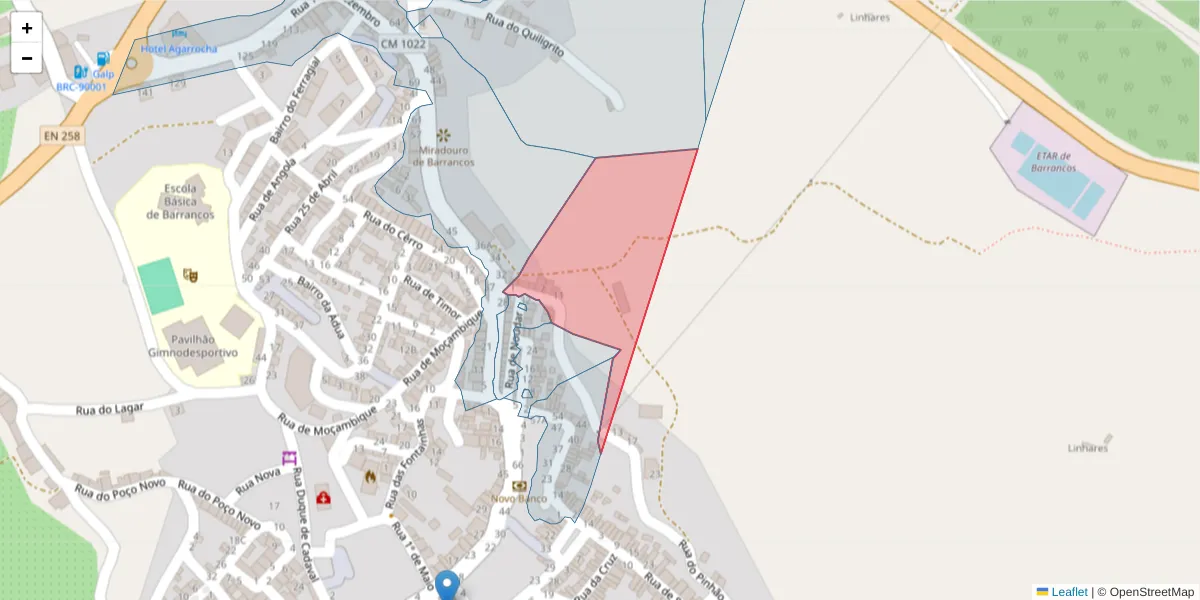 Mapa detalhado do código postal 7230-037 com limites, códigos postais vizinhos e agências dos correios