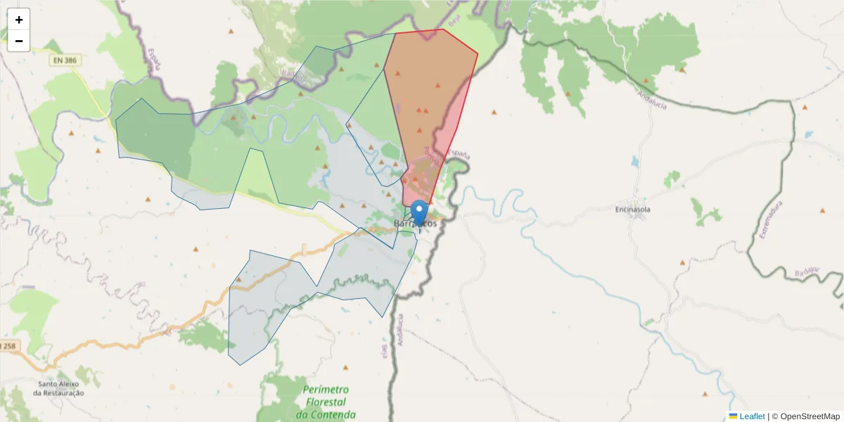Mapa detalhado do código postal 7230-042 com limites, códigos postais vizinhos e agências dos correios
