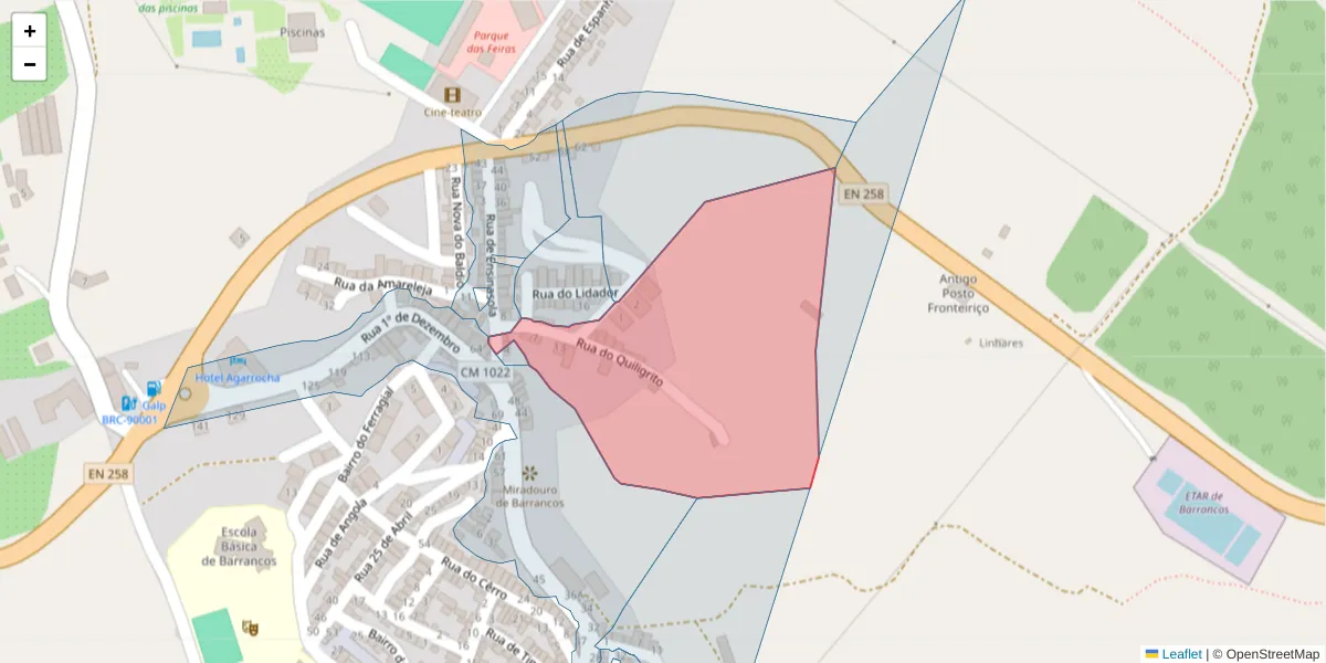Mapa detalhado do código postal 7230-044 com limites, códigos postais vizinhos e agências dos correios