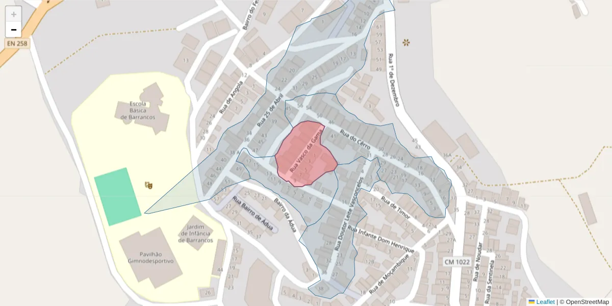 Mapa detalhado do código postal 7230-052 com limites, códigos postais vizinhos e agências dos correios