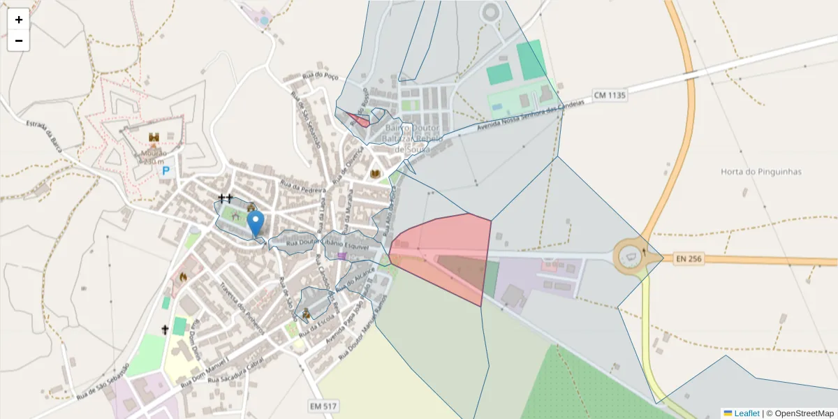Mapa detalhado do código postal 7240-227 com limites, códigos postais vizinhos e agências dos correios