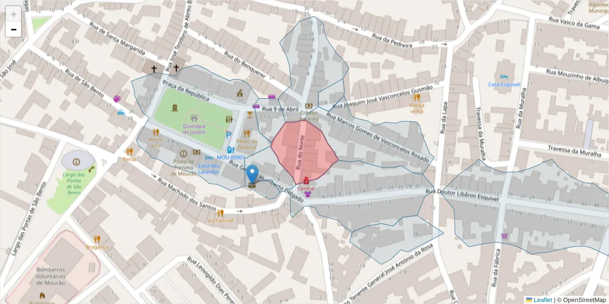 Mapa detalhado do código postal 7240-249 com limites, códigos postais vizinhos e agências dos correios