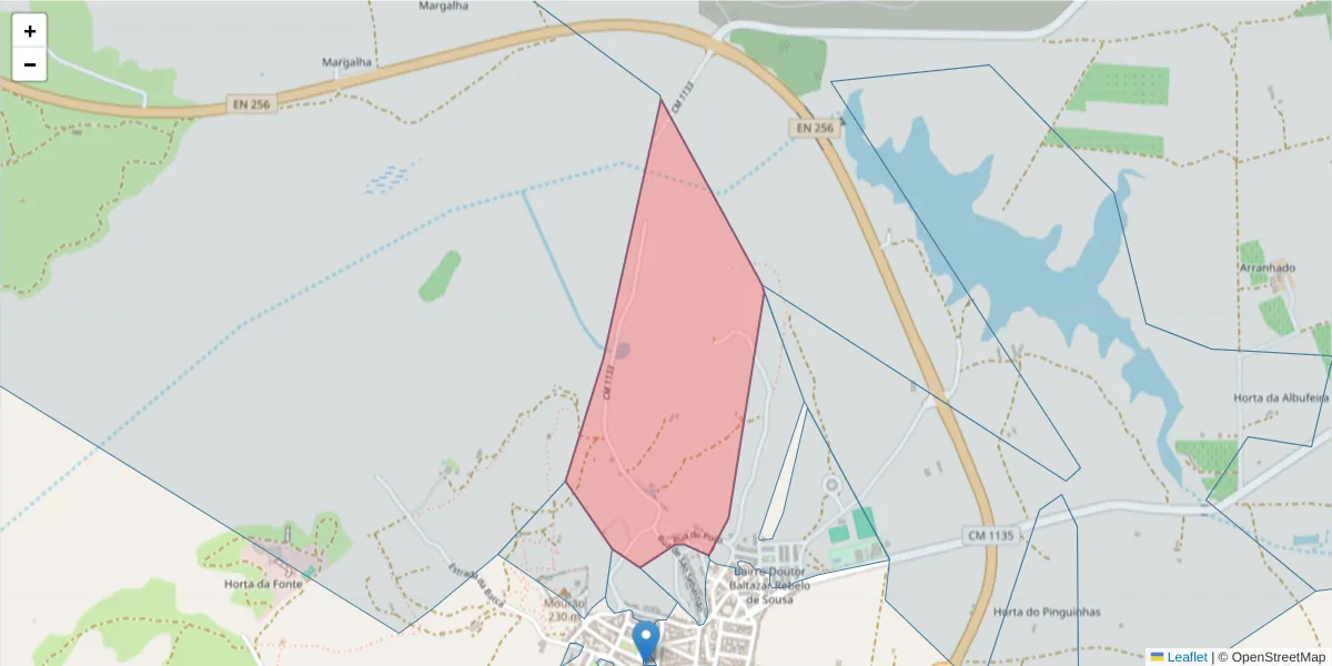 Mapa detalhado do código postal 7240-250 com limites, códigos postais vizinhos e agências dos correios