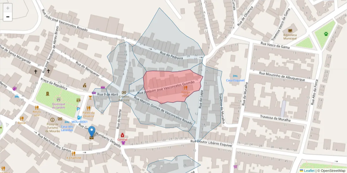 Mapa detalhado do código postal 7240-255 com limites, códigos postais vizinhos e agências dos correios