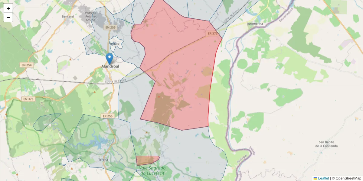 Mapa detalhado do código postal 7250-053 com limites, códigos postais vizinhos e agências dos correios
