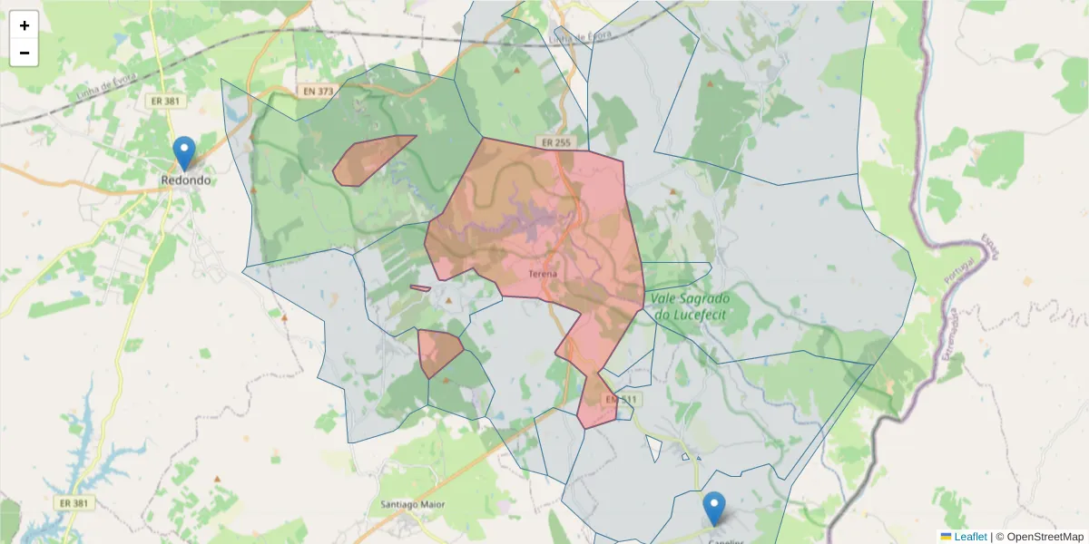 Mapa detalhado do código postal 7250-065 com limites, códigos postais vizinhos e agências dos correios