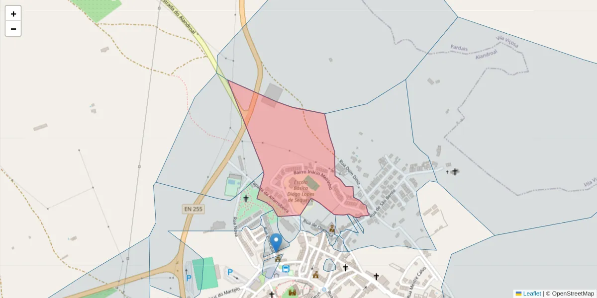 Mapa detalhado do código postal 7250-101 com limites, códigos postais vizinhos e agências dos correios