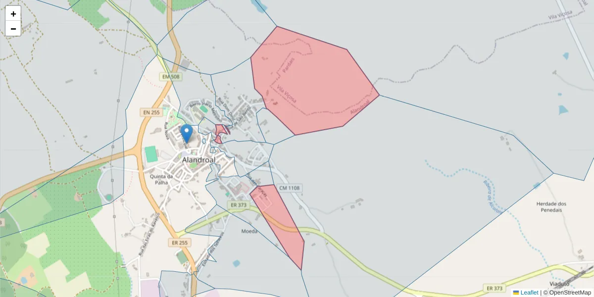 Mapa detalhado do código postal 7250-111 com limites, códigos postais vizinhos e agências dos correios