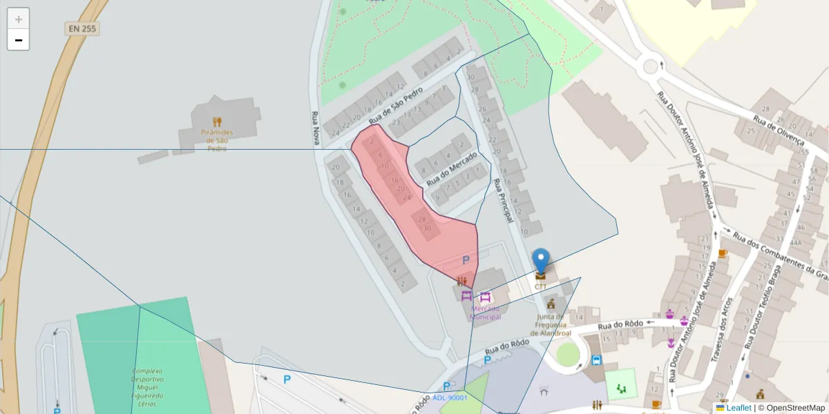 Mapa detalhado do código postal 7250-124 com limites, códigos postais vizinhos e agências dos correios
