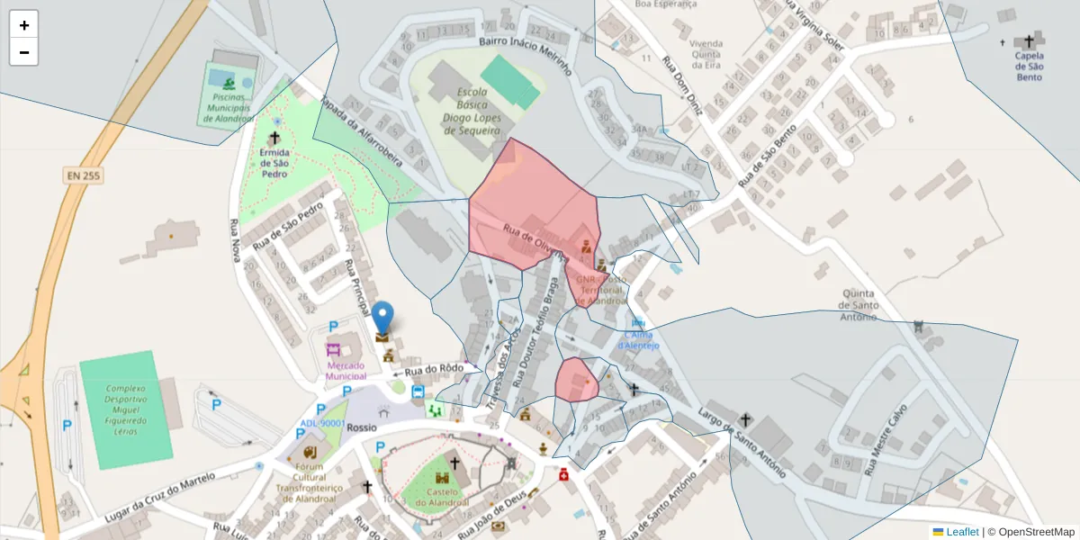 Mapa detalhado do código postal 7250-125 com limites, códigos postais vizinhos e agências dos correios
