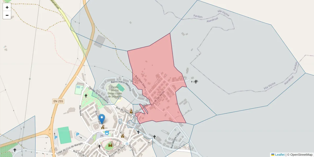 Mapa detalhado do código postal 7250-127 com limites, códigos postais vizinhos e agências dos correios