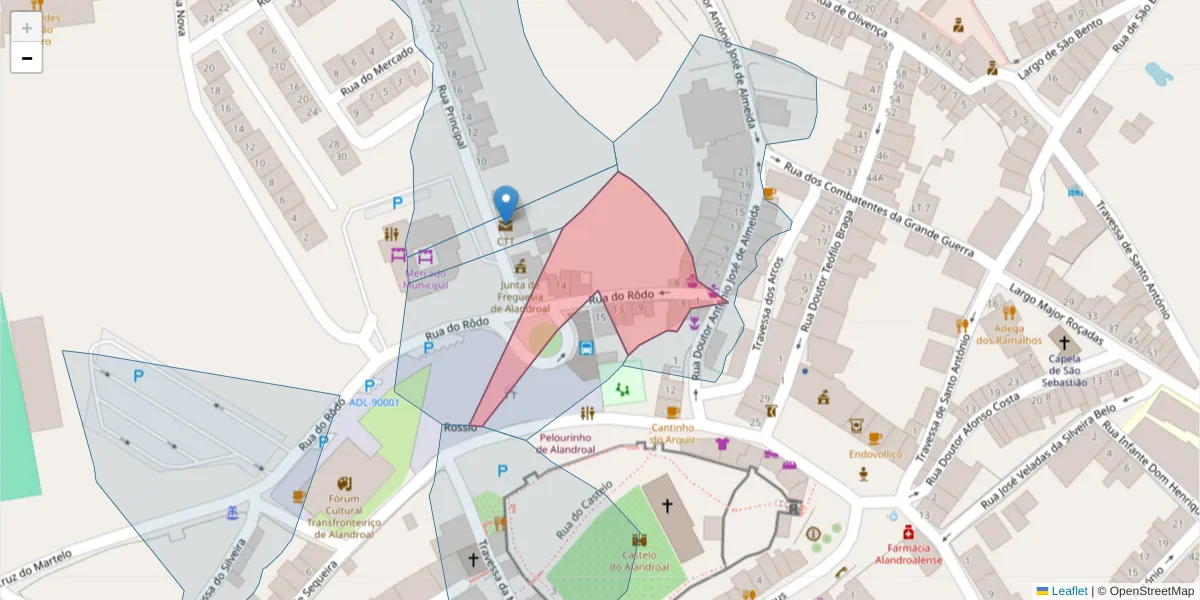 Mapa detalhado do código postal 7250-133 com limites, códigos postais vizinhos e agências dos correios