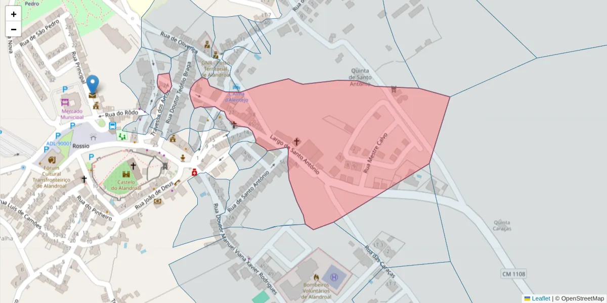 Mapa detalhado do código postal 7250-135 com limites, códigos postais vizinhos e agências dos correios