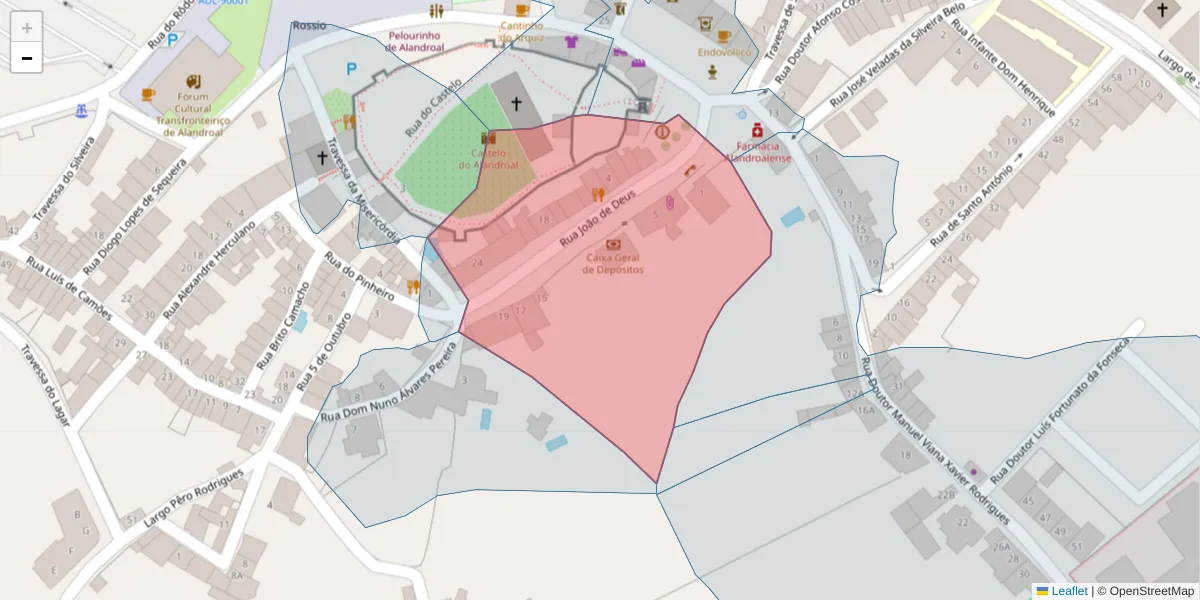 Mapa detalhado do código postal 7250-142 com limites, códigos postais vizinhos e agências dos correios