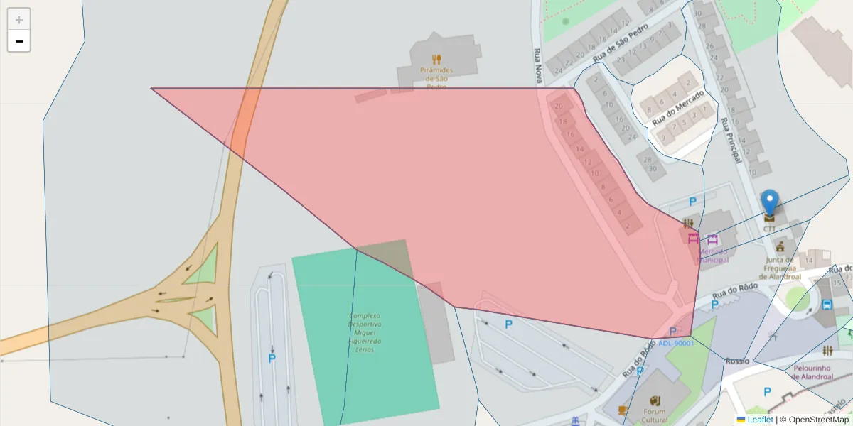 Mapa detalhado do código postal 7250-145 com limites, códigos postais vizinhos e agências dos correios