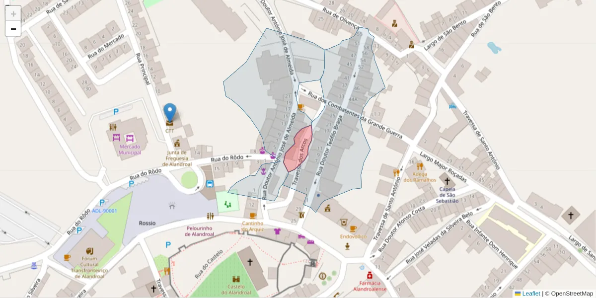 Mapa detalhado do código postal 7250-153 com limites, códigos postais vizinhos e agências dos correios