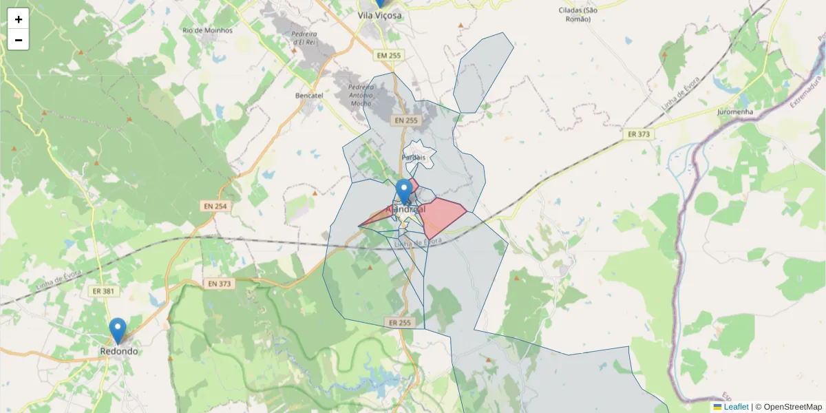 Mapa detalhado do código postal 7250-201 com limites, códigos postais vizinhos e agências dos correios