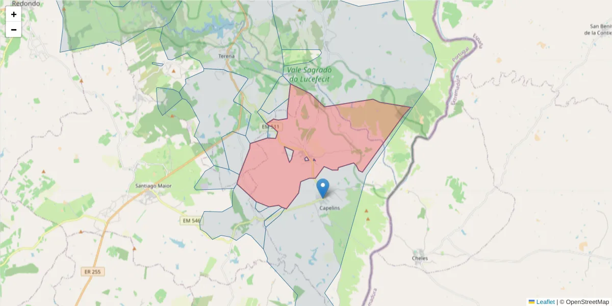 Mapa detalhado do código postal 7250-266 com limites, códigos postais vizinhos e agências dos correios