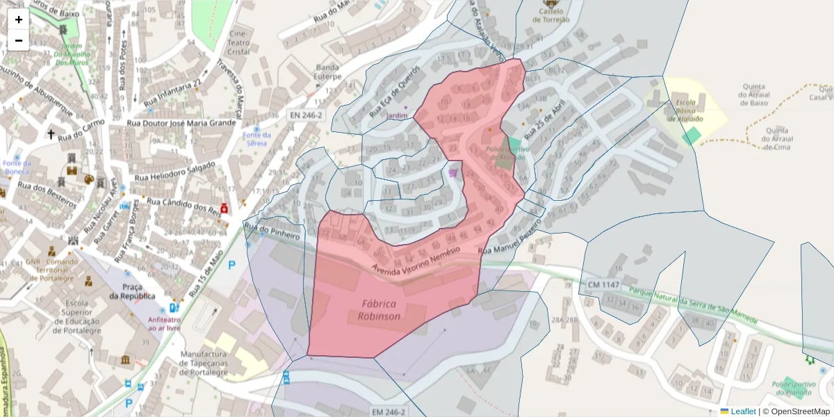 Mapa detalhado do código postal 7300-011 com limites, códigos postais vizinhos e agências dos correios