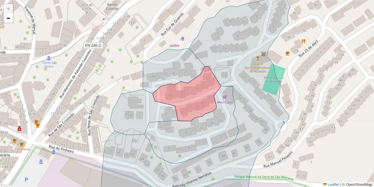 Mapa detalhado do código postal 7300-015 com limites, códigos postais vizinhos e agências dos correios