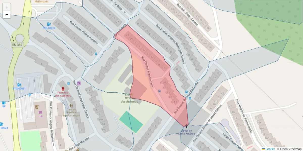 Mapa detalhado do código postal 7300-032 com limites, códigos postais vizinhos e agências dos correios