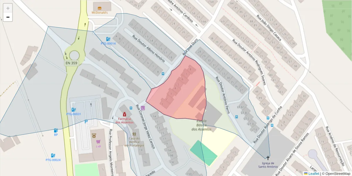 Mapa detalhado do código postal 7300-036 com limites, códigos postais vizinhos e agências dos correios