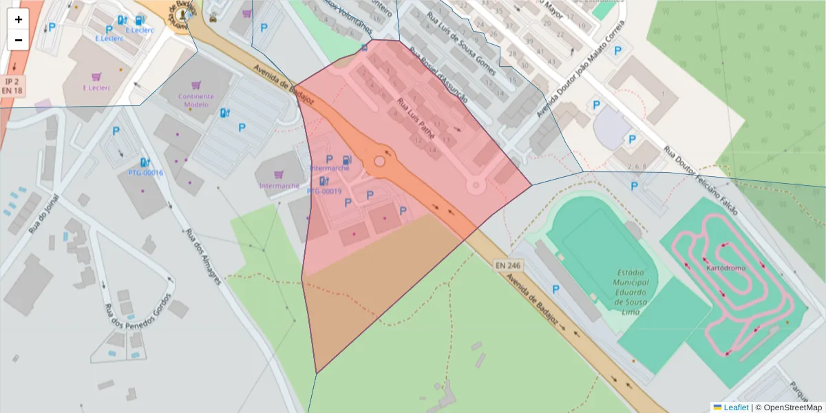 Mapa detalhado do código postal 7300-037 com limites, códigos postais vizinhos e agências dos correios