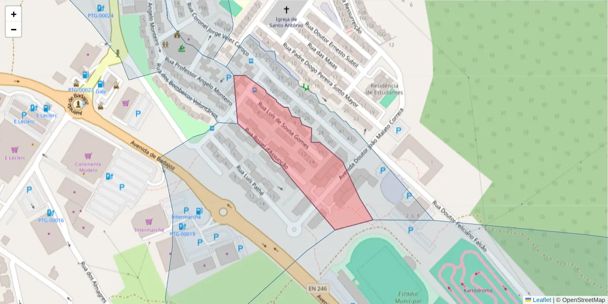Mapa detalhado do código postal 7300-038 com limites, códigos postais vizinhos e agências dos correios