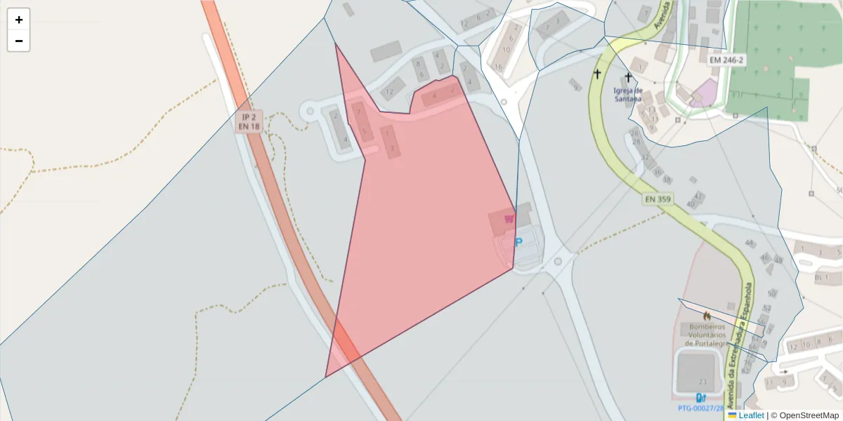 Mapa detalhado do código postal 7300-047 com limites, códigos postais vizinhos e agências dos correios