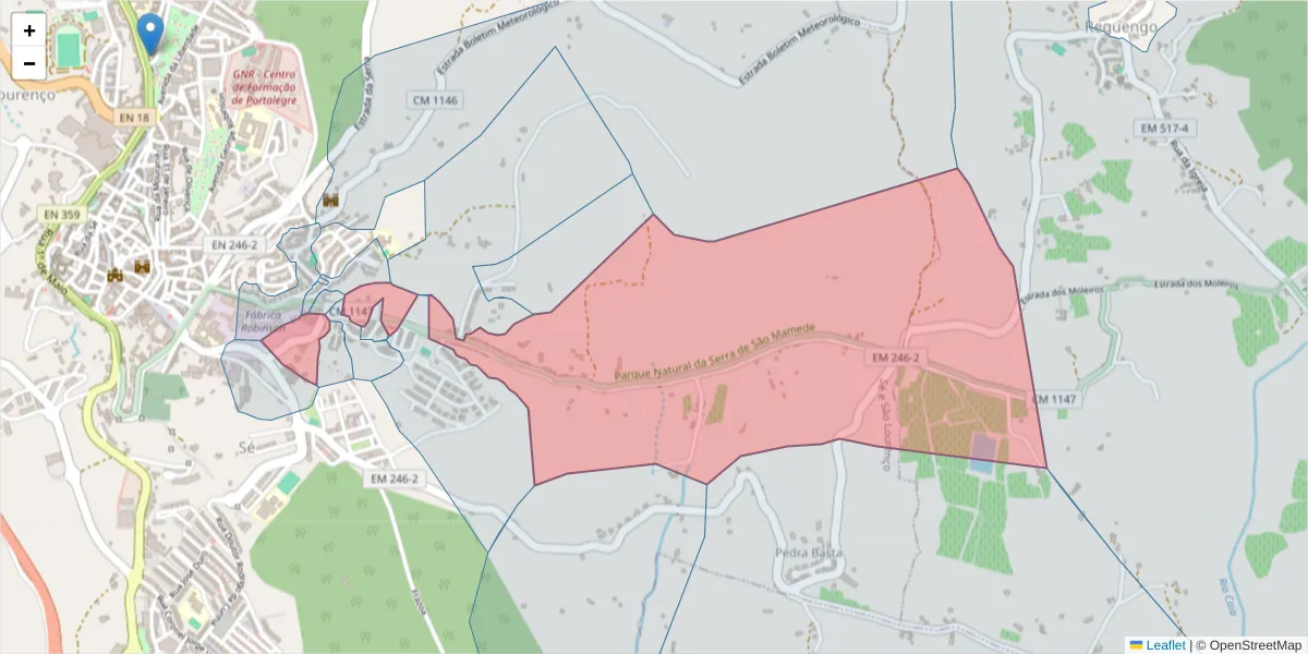 Mapa detalhado do código postal 7300-050 com limites, códigos postais vizinhos e agências dos correios