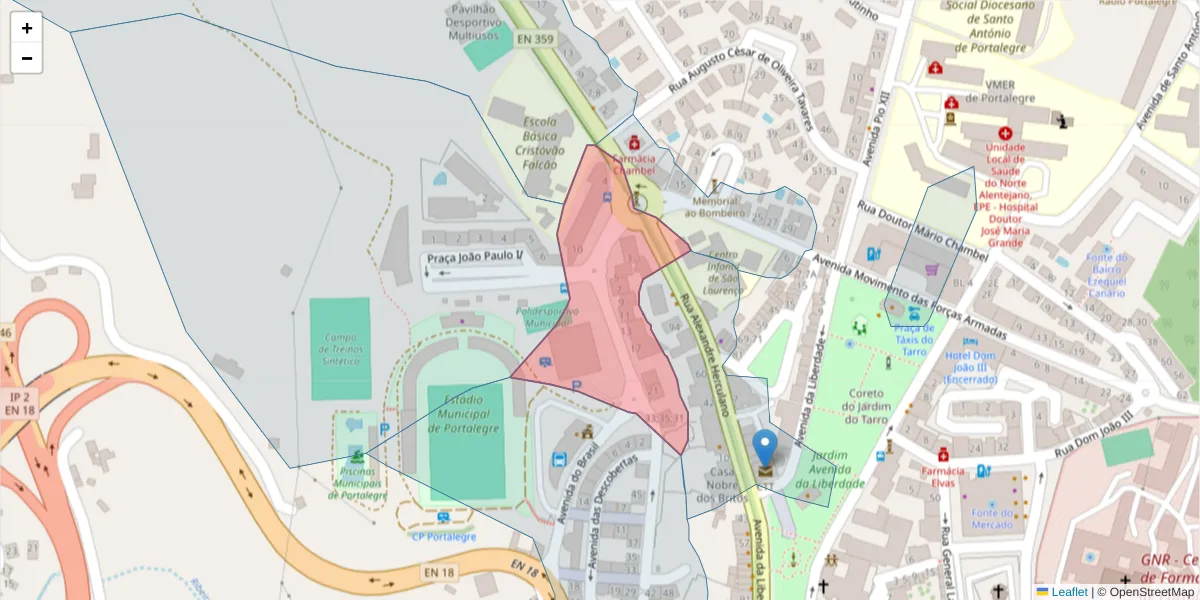 Mapa detalhado do código postal 7300-068 com limites, códigos postais vizinhos e agências dos correios
