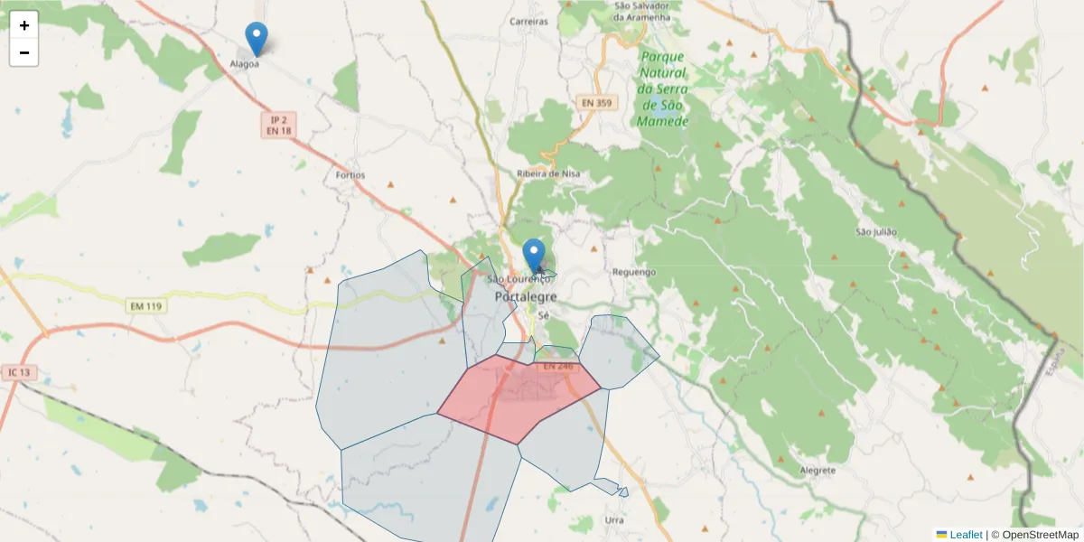 Mapa detalhado do código postal 7300-069 com limites, códigos postais vizinhos e agências dos correios