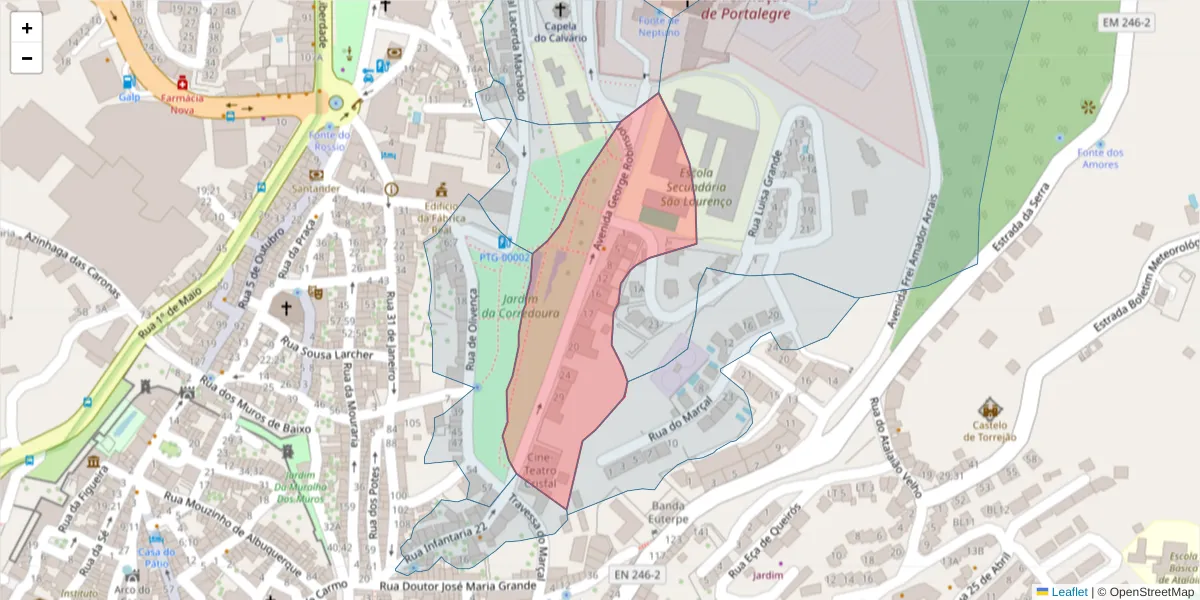 Mapa detalhado do código postal 7300-070 com limites, códigos postais vizinhos e agências dos correios