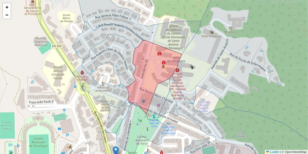Mapa detalhado do código postal 7300-073 com limites, códigos postais vizinhos e agências dos correios