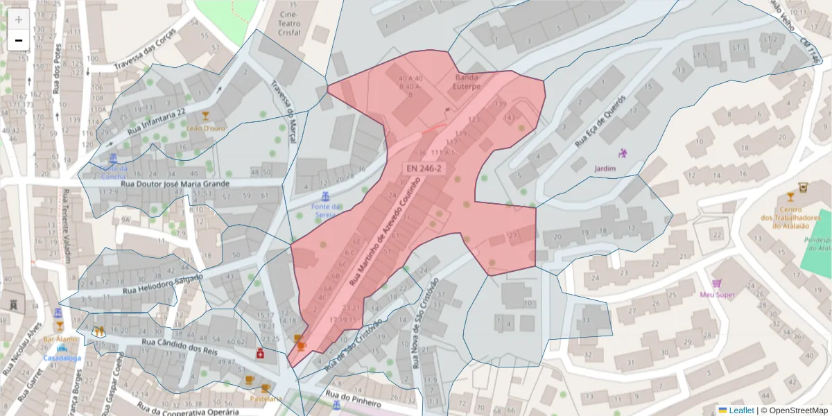 Mapa detalhado do código postal 7300-077 com limites, códigos postais vizinhos e agências dos correios