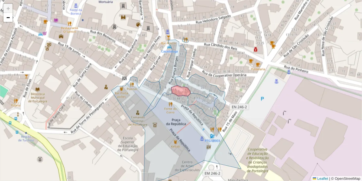 Mapa detalhado do código postal 7300-083 com limites, códigos postais vizinhos e agências dos correios