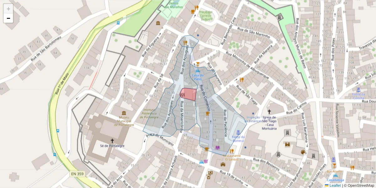 Mapa detalhado do código postal 7300-092 com limites, códigos postais vizinhos e agências dos correios