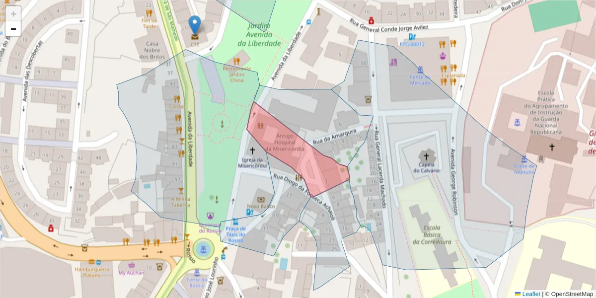 Mapa detalhado do código postal 7300-098 com limites, códigos postais vizinhos e agências dos correios