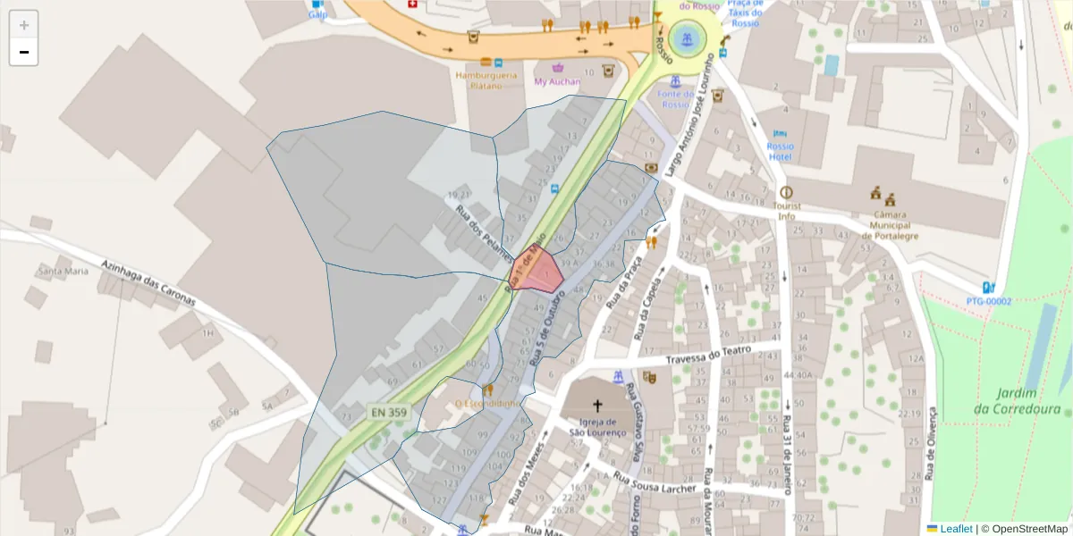 Mapa detalhado do código postal 7300-100 com limites, códigos postais vizinhos e agências dos correios