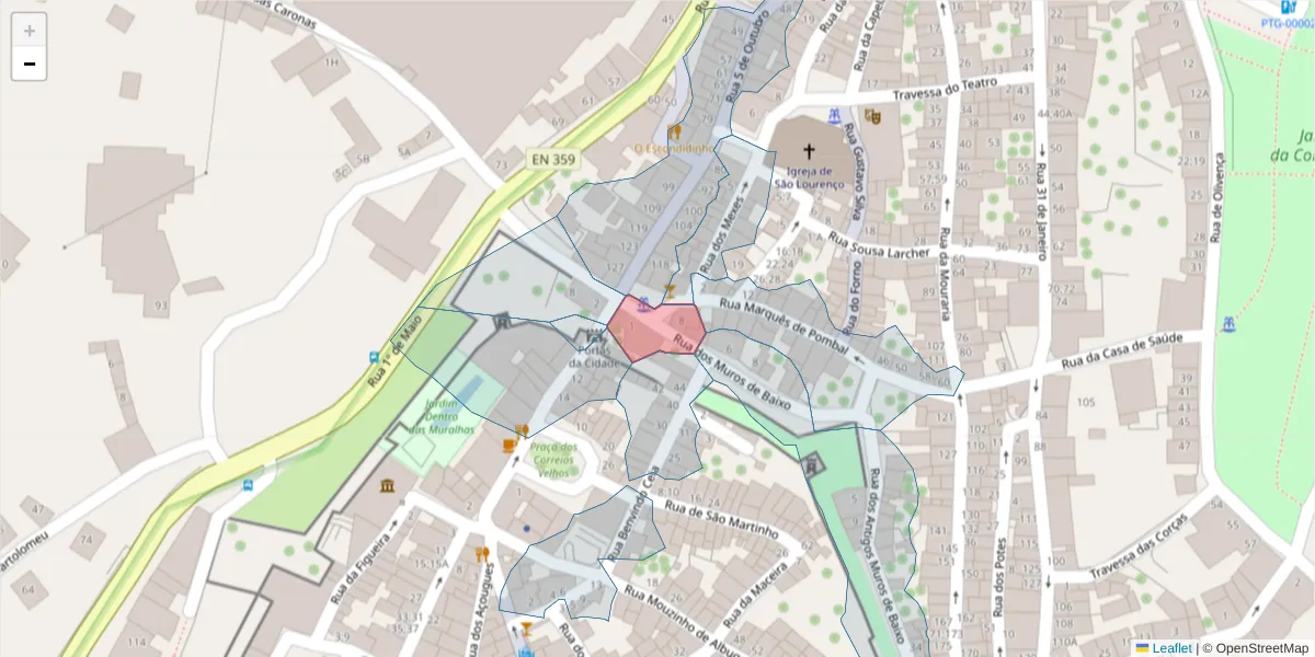 Mapa detalhado do código postal 7300-103 com limites, códigos postais vizinhos e agências dos correios